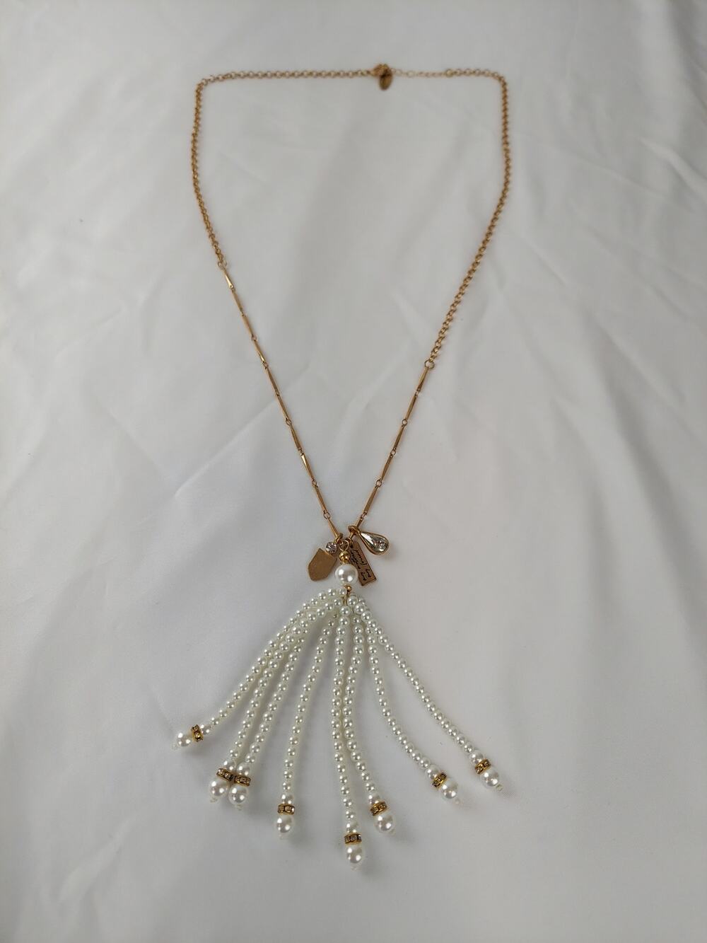 Plunder Design Gold Tone Faux Pearl Bead Dangle & Charm Necklace Statement Piece